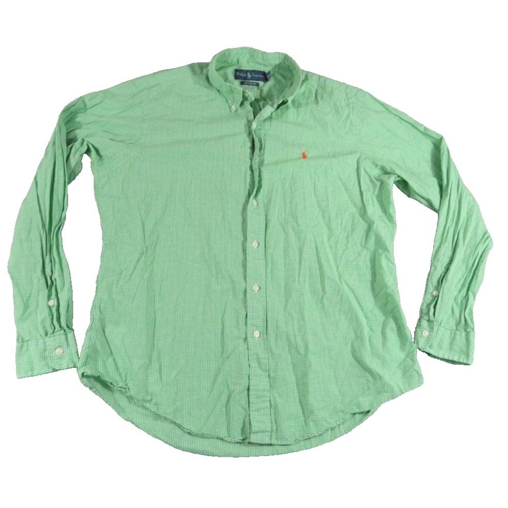 Polo Ralph Lauren Shirt Men L Green White‎ Gingham Check Custom Fit Orange Pony